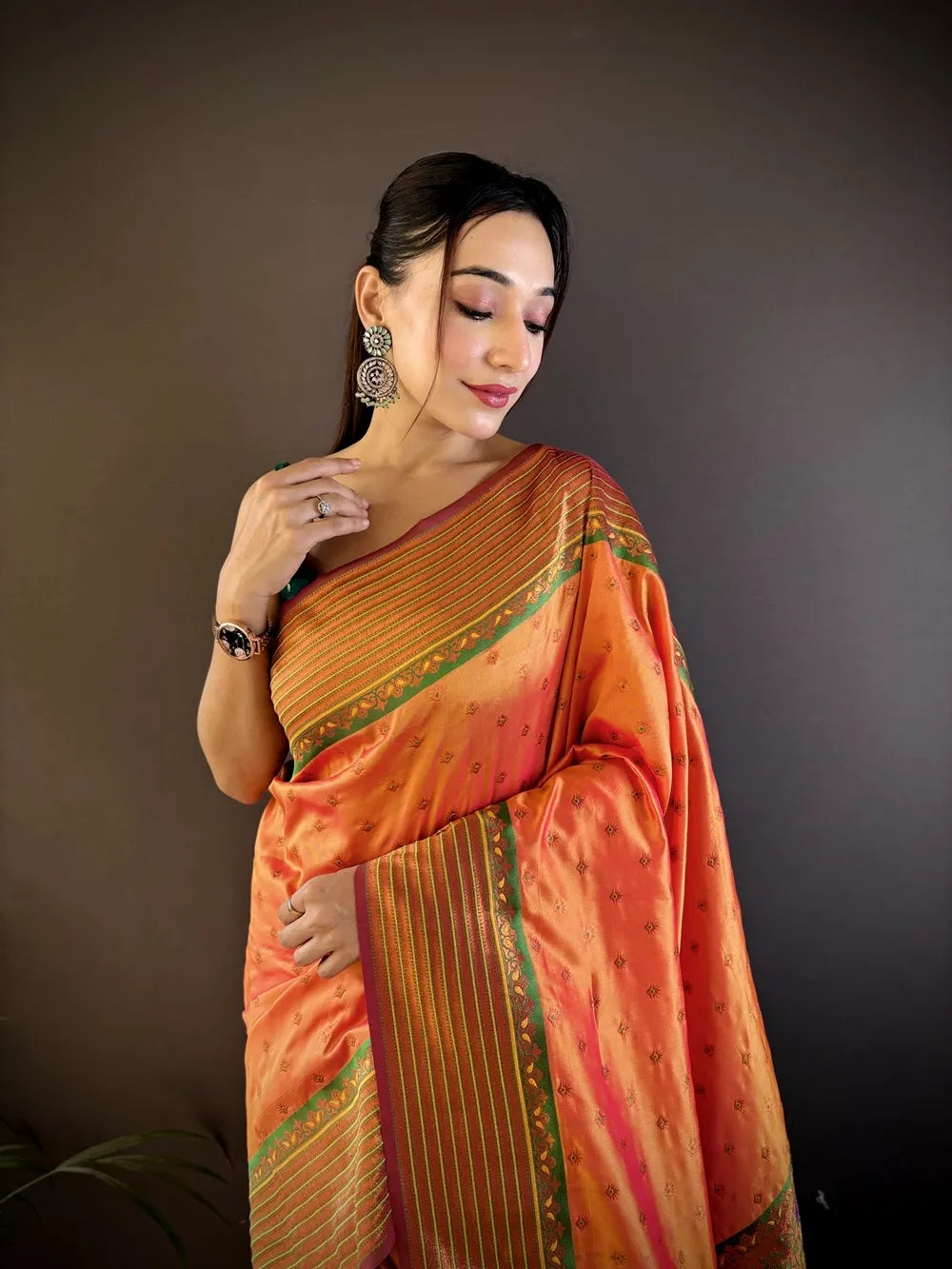 Paithani Silk Saree with Rich Copper Zari Weaving & Free Blouse (Orange)